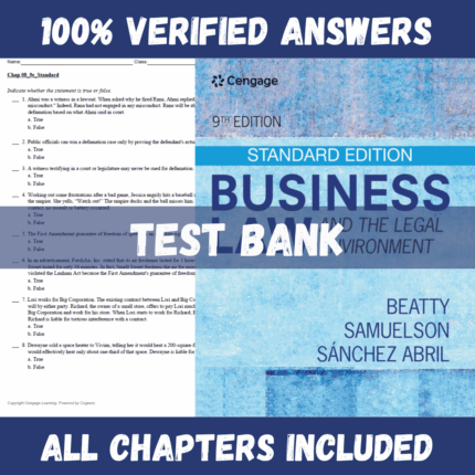Test Bank - Business Law and the Legal Environment, 9th Edition ( Jeffrey F. Beatty, Susan S. Samuelson, 2017)