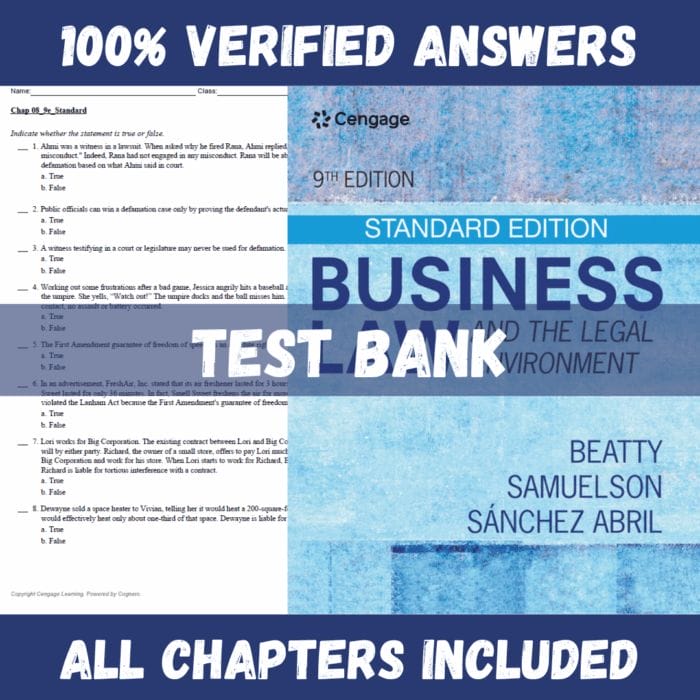 Test Bank - Business Law and the Legal Environment, 9th Edition ( Jeffrey F. Beatty, Susan S. Samuelson, 2017)
