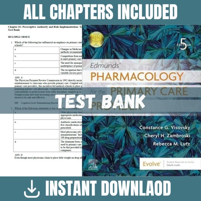 Test Bank - Edmunds' Pharmacology for the Primary Care Provider, 5th Edition (Jean M. Edmunds, 2020)
