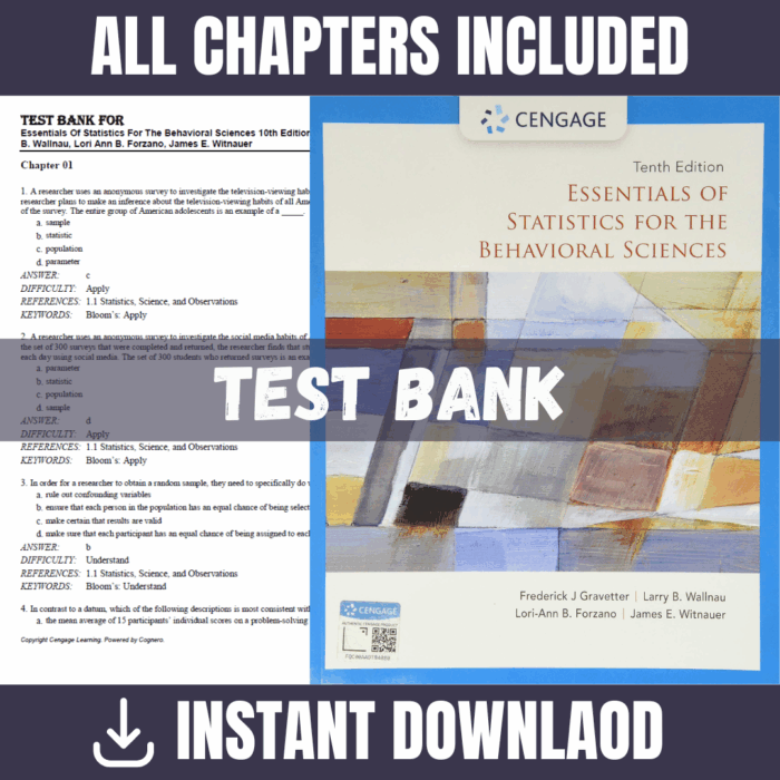 Test Bank - Essentials of Statistics for the Behavioral Sciences, 10th Edition (Frederick J. Gravetter, Larry B. Wallnau, Lori-Ann B. Forzano, 2023)