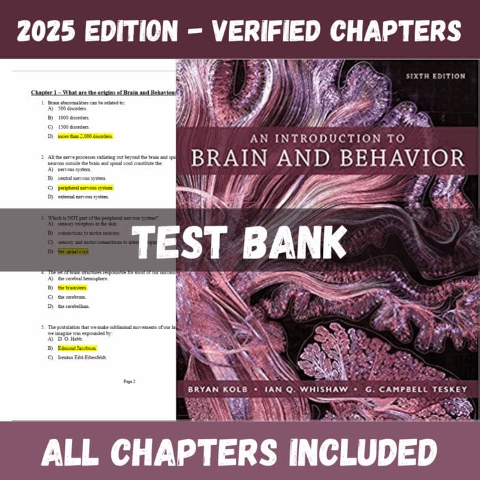 Test Bank - An Introduction to Brain and Behavior, 6th Edition (Bryan Kolb, 2019)