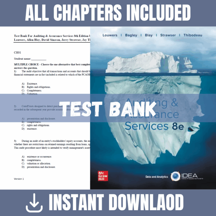 Test Bank - Auditing & Assurance Services, 8th Edition (Timothy J. Louwers, Penelope Bagley, Allen Blay, Jerry Strawser, Jay Thibodeau, 2021)