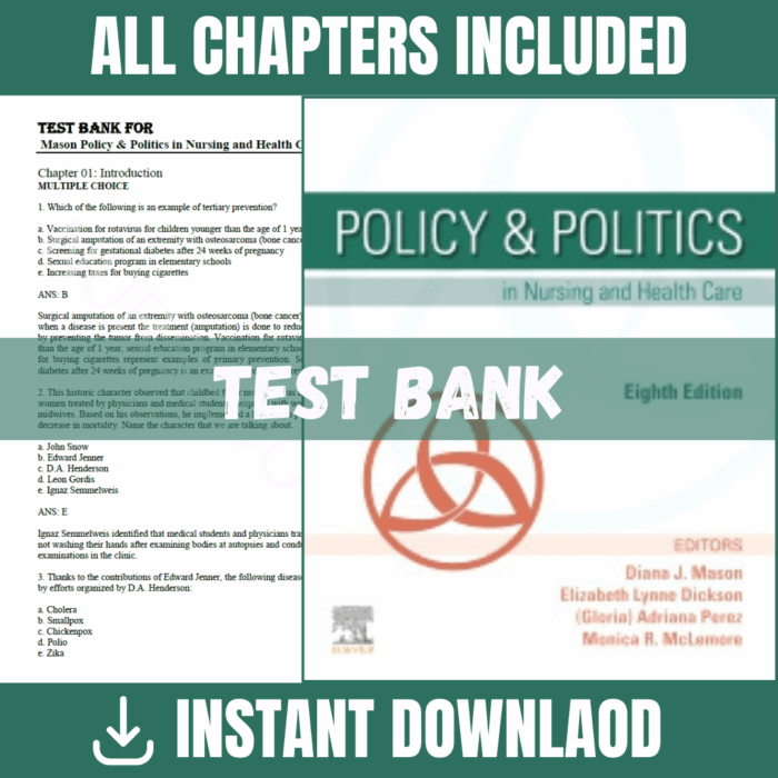Test Bank - Policy and Politics in Nursing and Health Care, 8th Edition (Diana J. Mason, Judith K. Leavitt, Mary W. Chaffee, 2023)